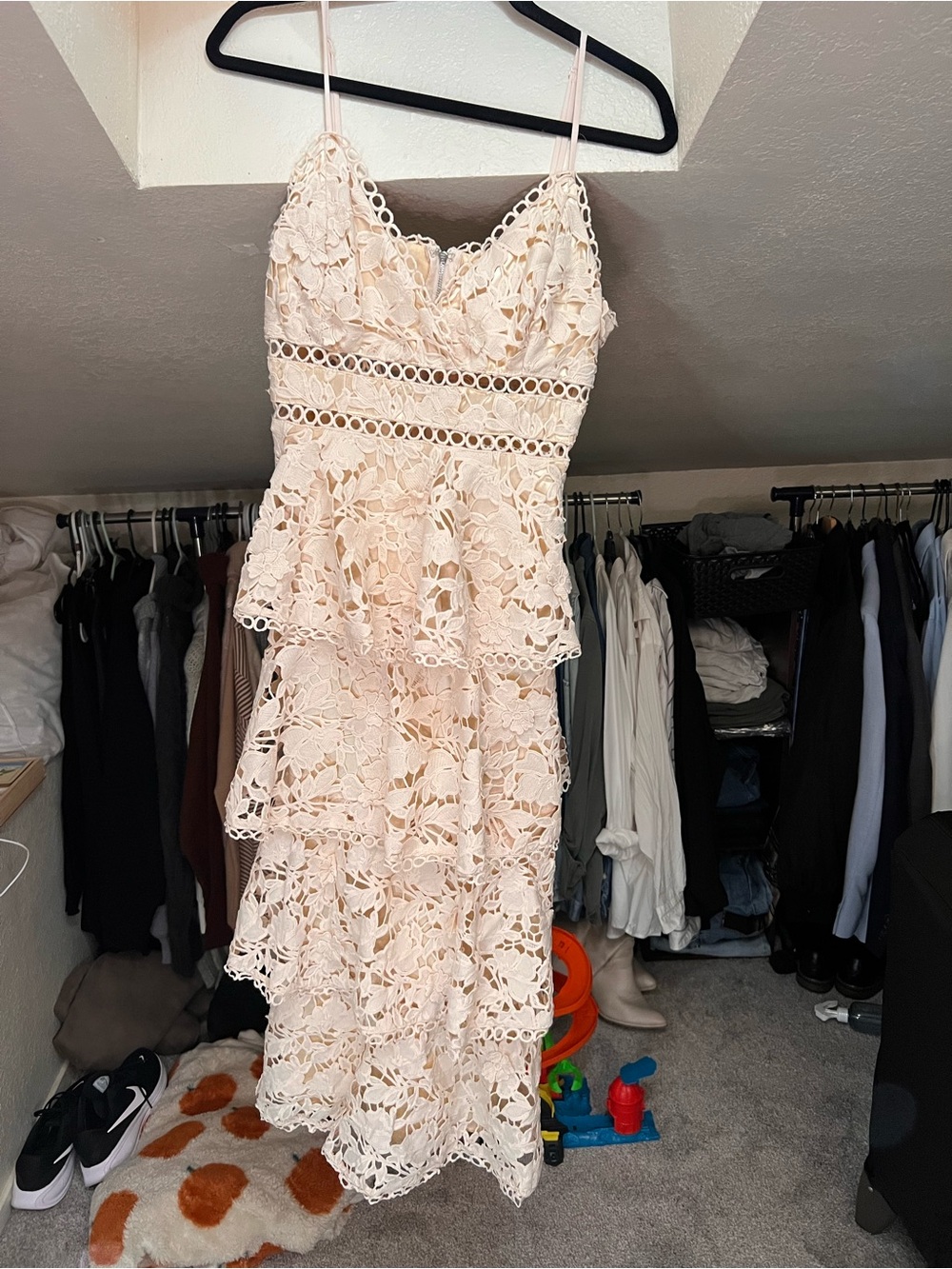 Spaghetti Strap Lace Tiered Dress in Off White